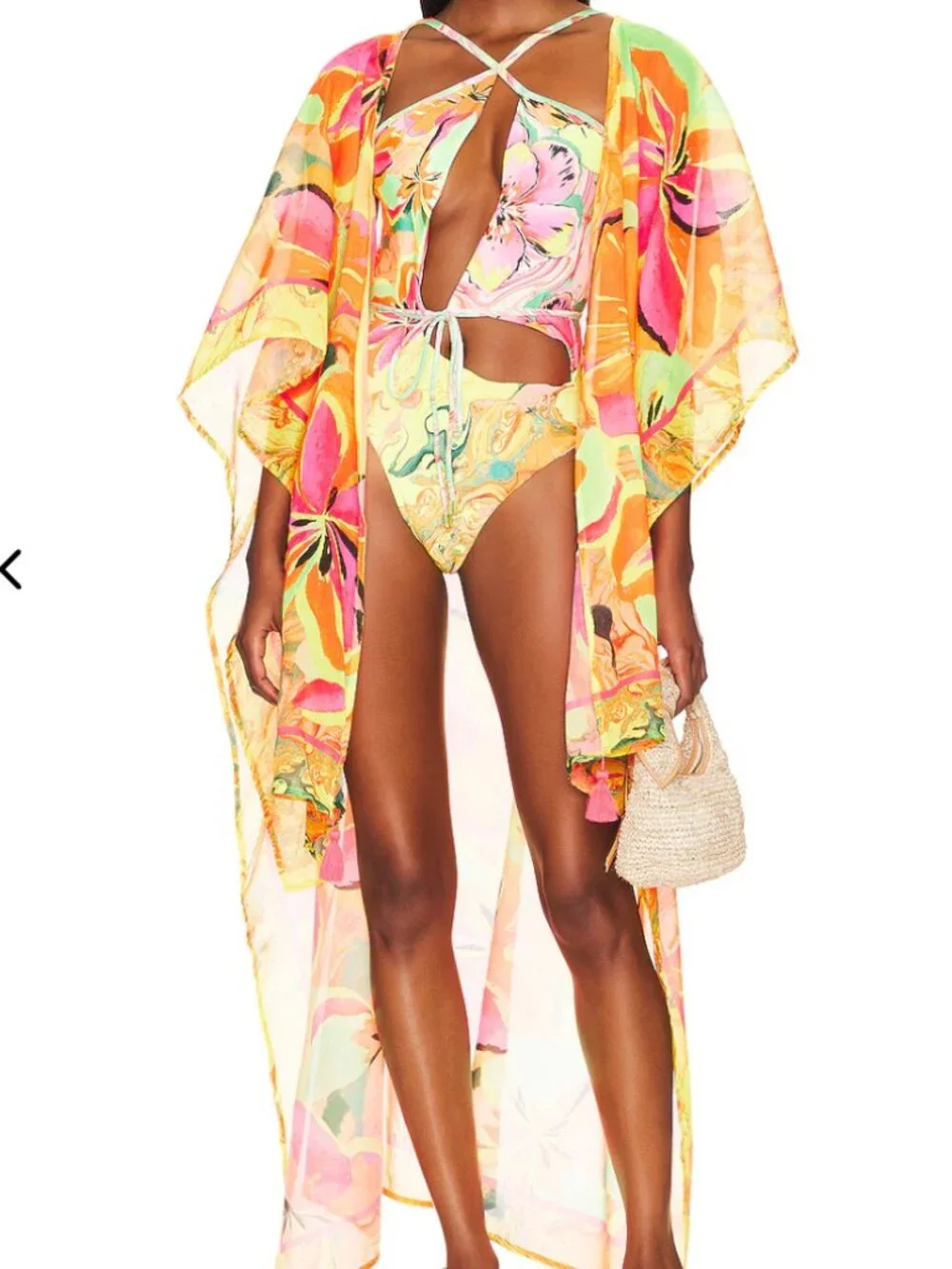 Agua Bendita x Revolve Floral Swim Cover Up Tunic One Size NWT Tassel Kaftan - Picture 2 of 9